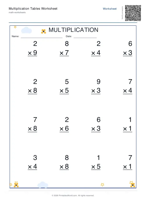Free printable multiplication table — Vertical column — PDF download