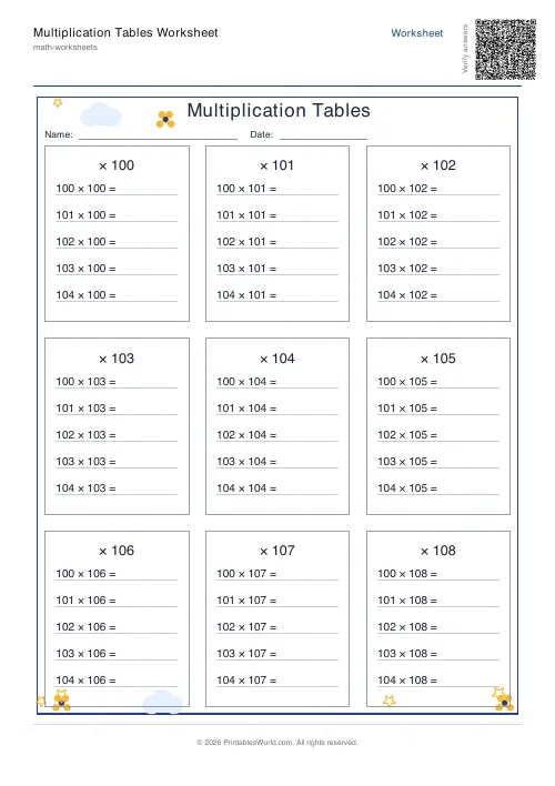 Free printable multiplication table — 3-digit — PDF download