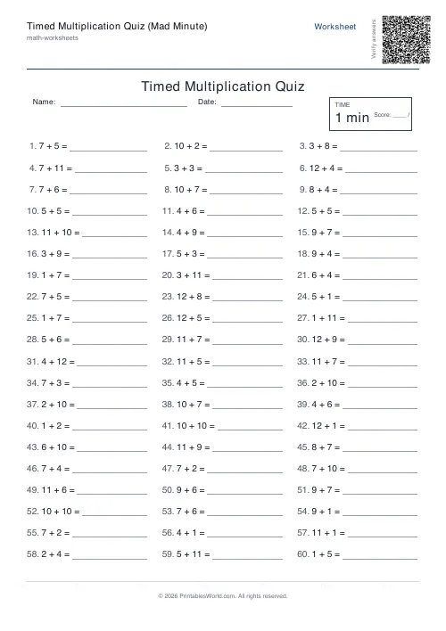 Free printable timed maths drills — Addition, with answer key — PDF download