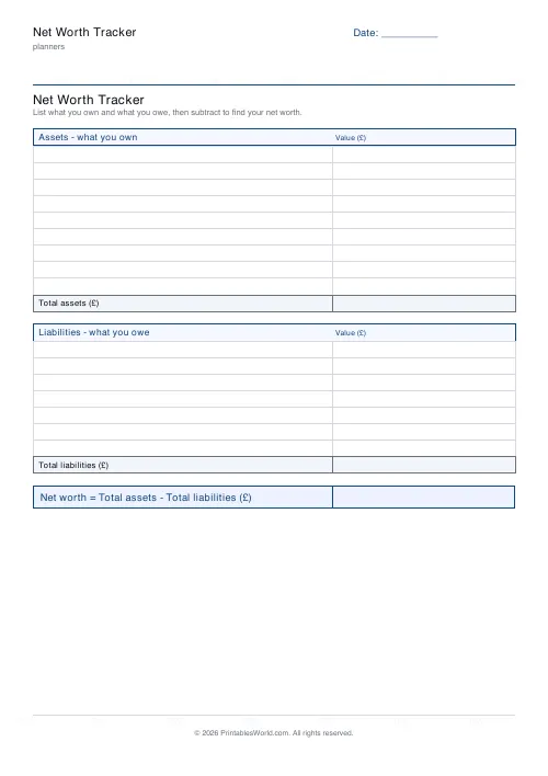Free printable net worth tracker — Single snapshot — PDF download