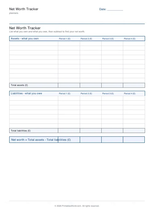 Free printable net worth tracker — Quarterly columns — PDF download