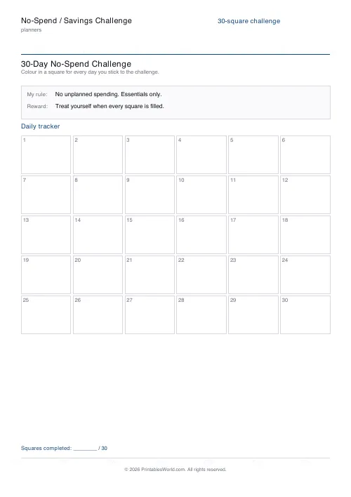 Free printable no-spend challenge tracker — 30 squares — PDF download