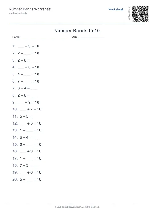 Free printable number bonds worksheet — 10 — PDF download