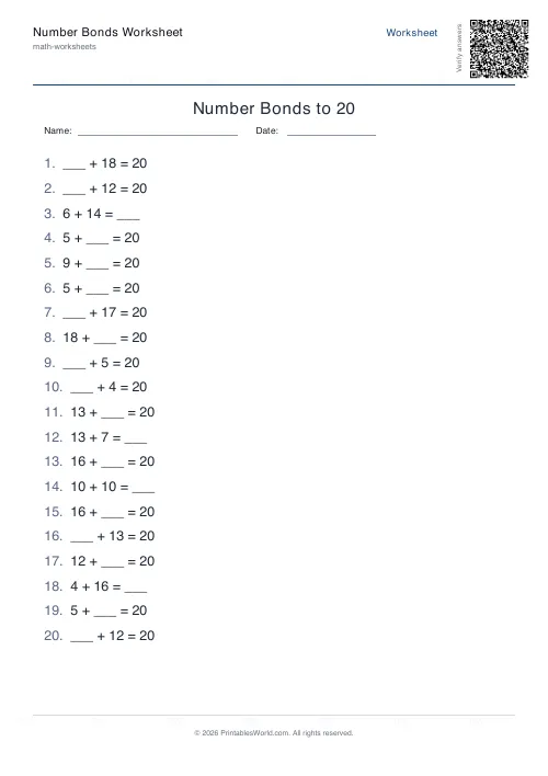 Free printable number bonds worksheet — 20 — PDF download