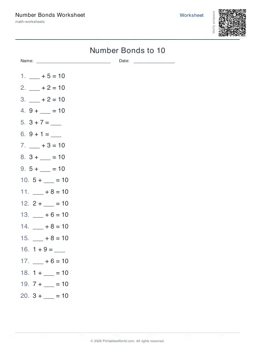 Free printable number bonds worksheet — 10, with answer key — PDF download