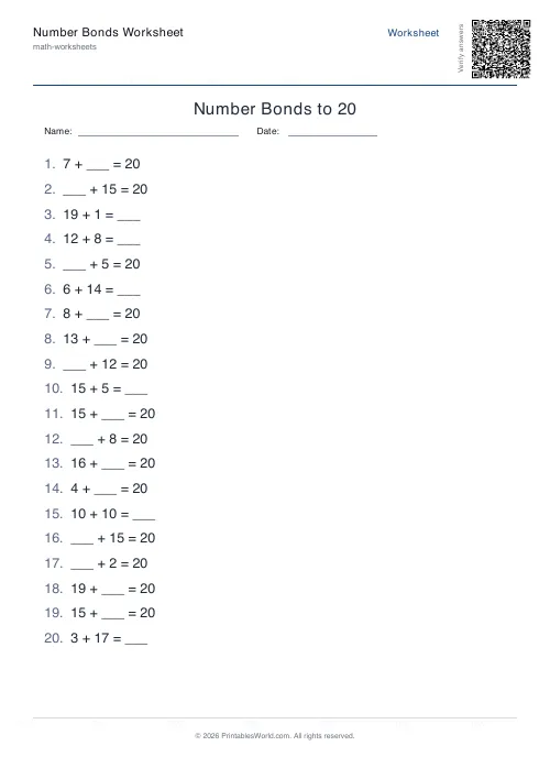 Free printable number bonds worksheet — 20, with answer key — PDF download