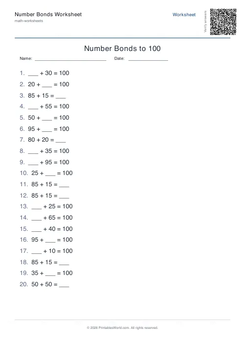 Free printable number bonds worksheet — 100, with answer key — PDF download
