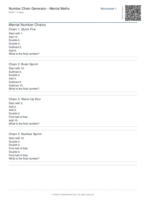 Free printable number chain worksheet — Easy — PDF download