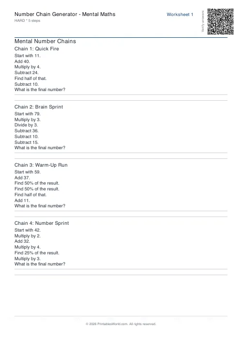 Free printable number chain worksheet — Hard — PDF download