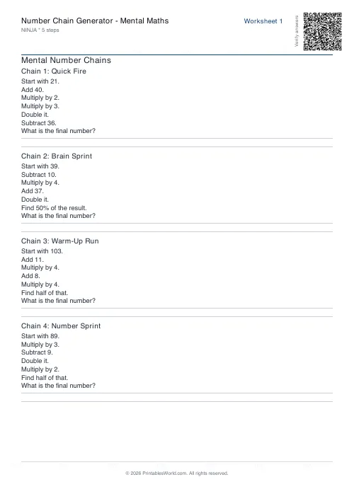 Free printable number chain worksheet — Ninja — PDF download