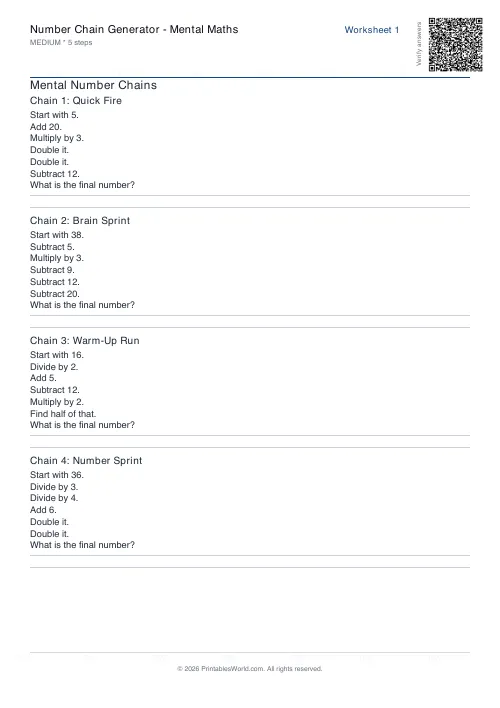 Free printable number chain worksheet — Medium, with answer key — PDF download