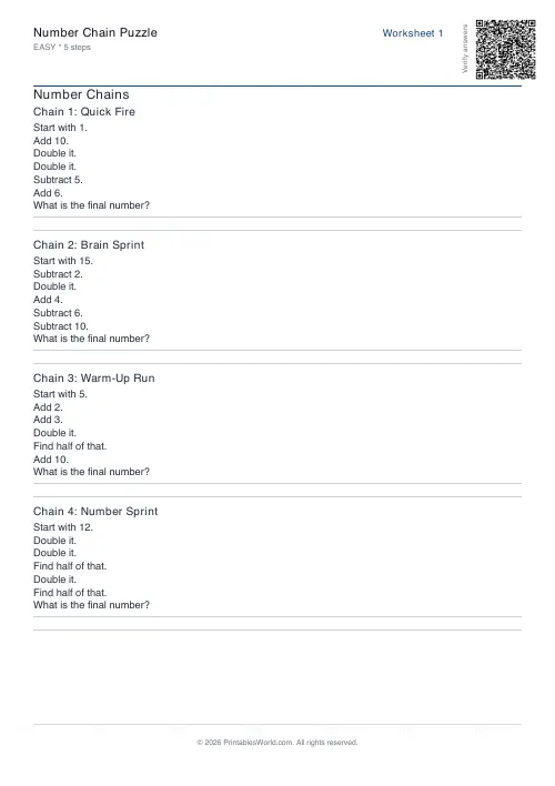 Free printable number chain worksheet — Easy — PDF download
