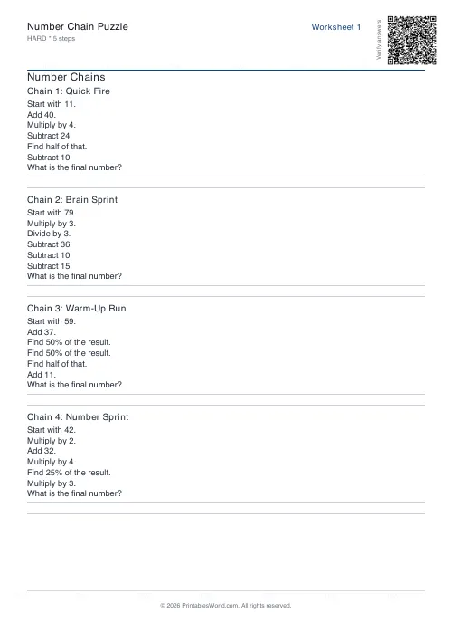 Free printable number chain worksheet — Hard — PDF download
