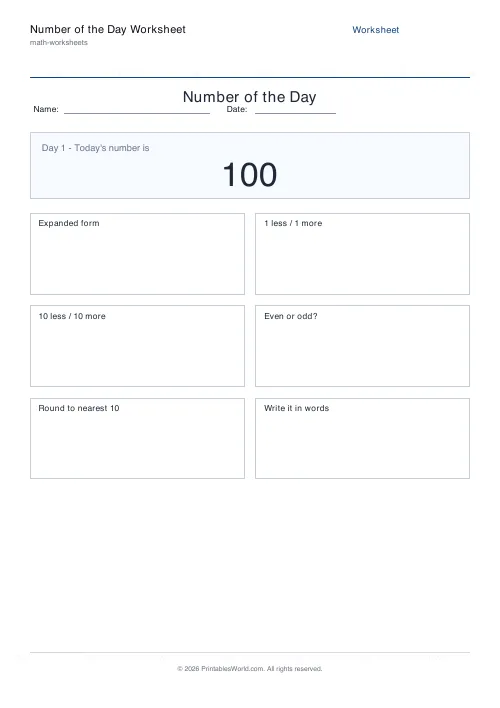 Free printable number of the day worksheet — Up to 100, with answer key — PDF download