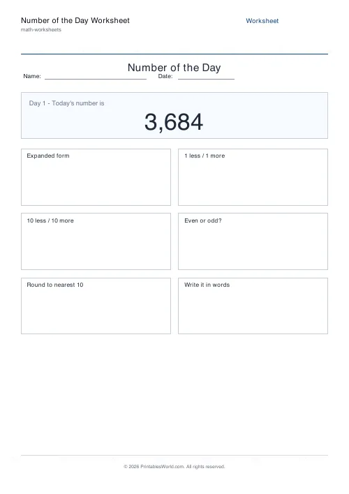 Free printable number of the day worksheet — Up to 9,999, with answer key — PDF download