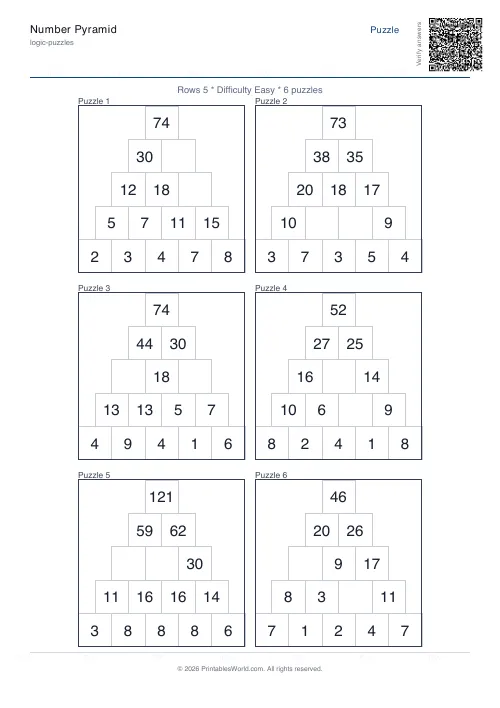 Free printable number pyramid puzzle — Easy — PDF download