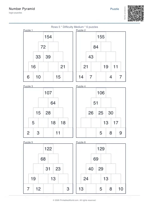Free printable number pyramid puzzle — Medium, with answer key — PDF download