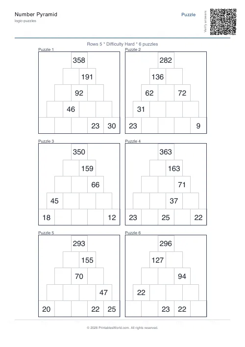 Free printable number pyramid puzzle — Hard, with answer key — PDF download