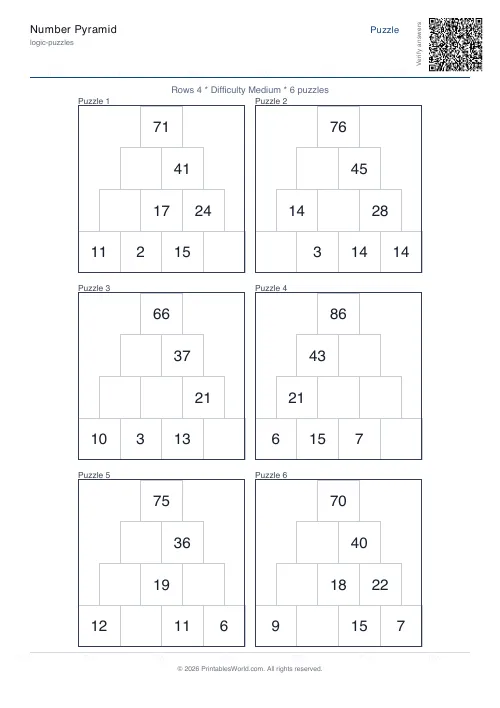 Free printable number pyramid puzzle — 4 rows, with answer key — PDF download