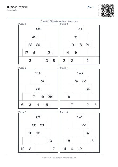 Free printable number pyramid puzzle — 5 rows, with answer key — PDF download