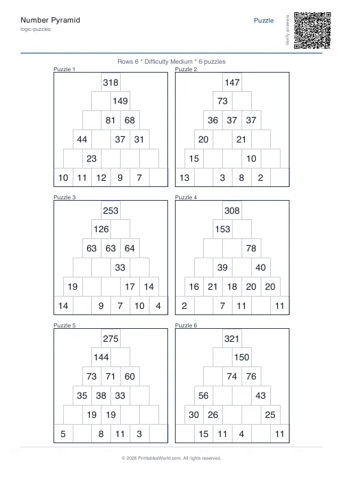 Free printable number pyramid puzzle — 6 rows, with answer key — PDF download