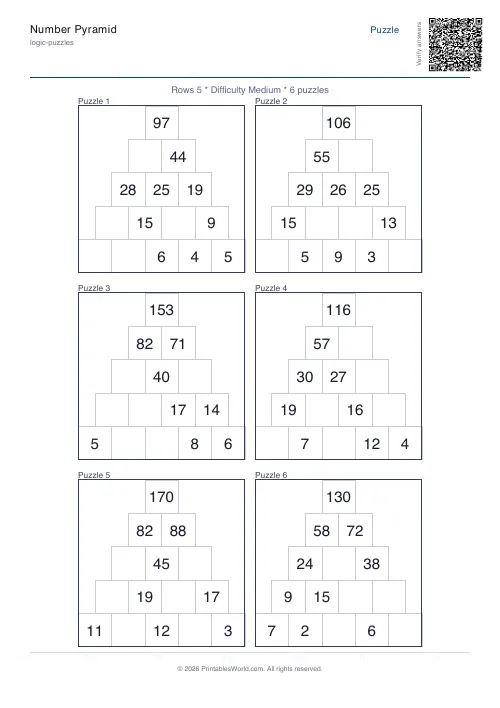 Free printable number pyramid puzzle — Medium — PDF download