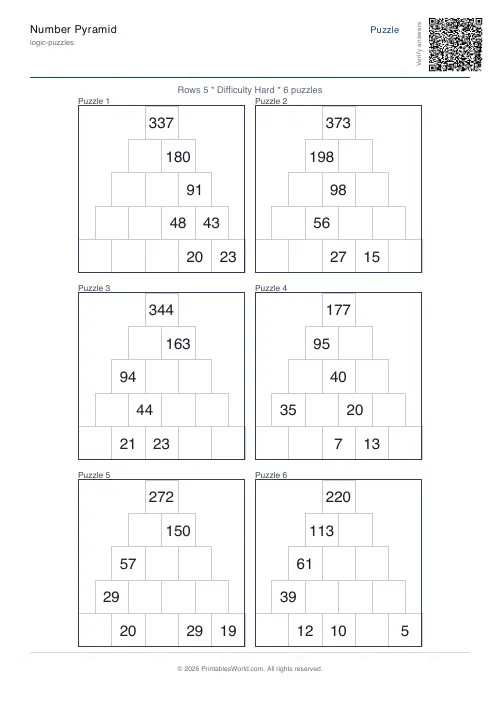 Free printable number pyramid puzzle — Hard — PDF download