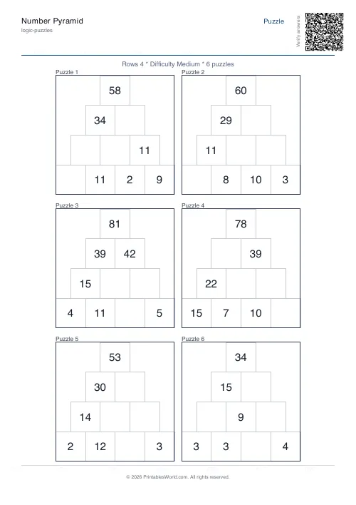 Free printable number pyramid puzzle — 4 rows — PDF download