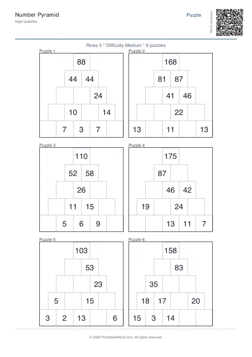 Free printable number pyramid puzzle — 5 rows — PDF download