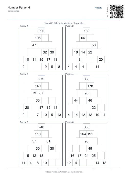 Free printable number pyramid puzzle — 6 rows — PDF download