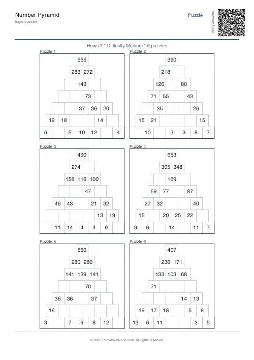 Free printable number pyramid puzzle — 7 rows — PDF download