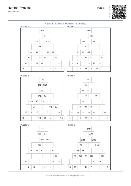 Free printable number pyramid puzzle — 8 rows — PDF download