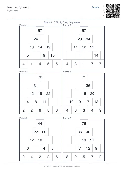 Free printable number pyramid puzzle — Easy, with answer key — PDF download