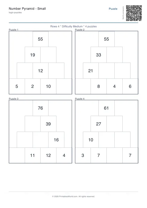 Free printable number pyramid puzzle — Medium, with answer key — PDF download