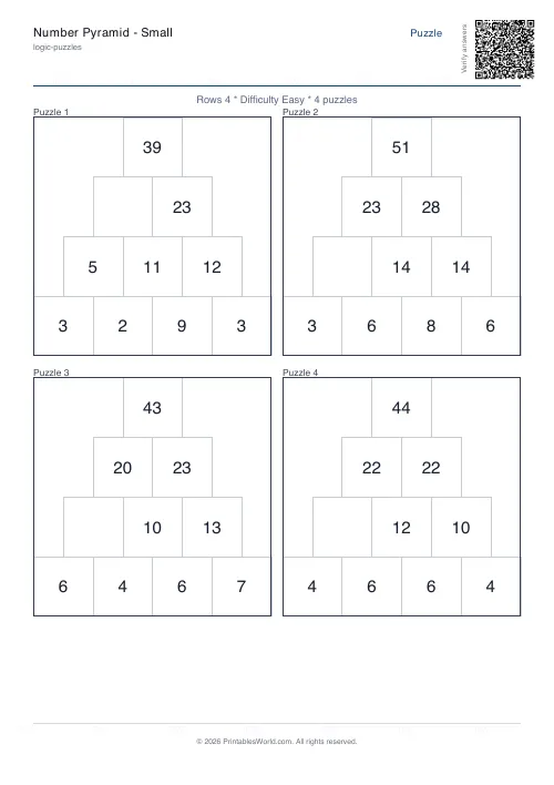 Free printable number pyramid puzzle — 4 rows, with answer key — PDF download