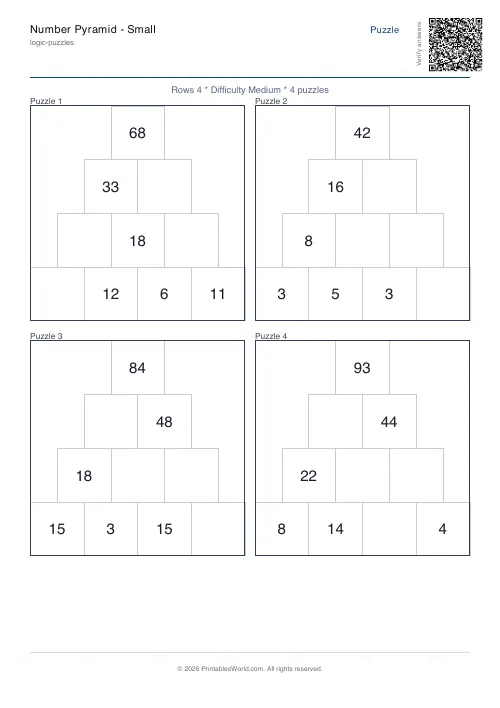 Free printable number pyramid puzzle — Medium — PDF download