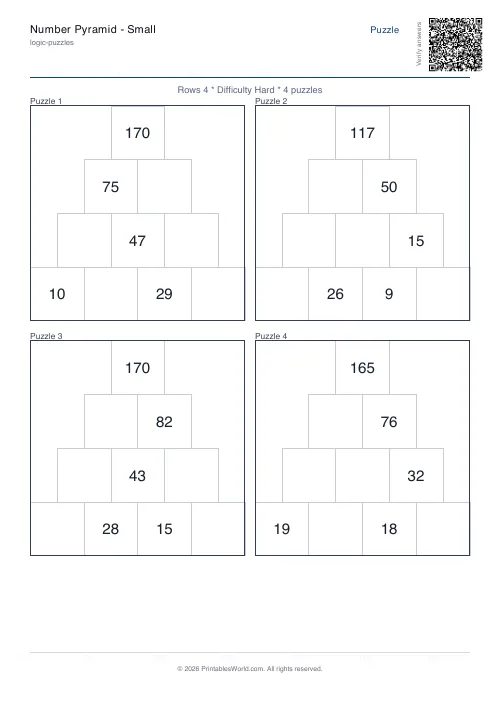 Free printable number pyramid puzzle — Hard — PDF download