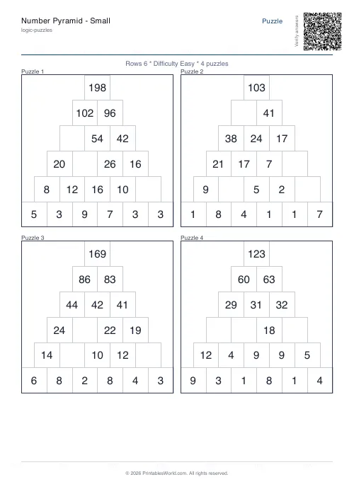 Free printable number pyramid puzzle — 6 rows — PDF download