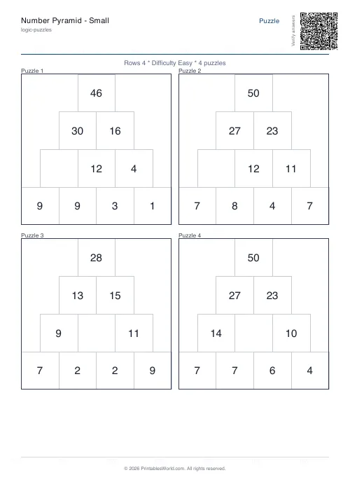 Free printable number pyramid puzzle — Easy, with answer key — PDF download