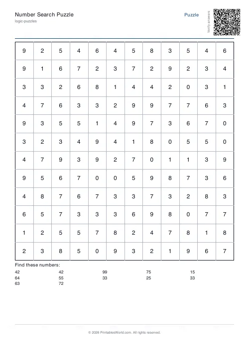 Free printable number search puzzle — 2-digit, with answer key — PDF download