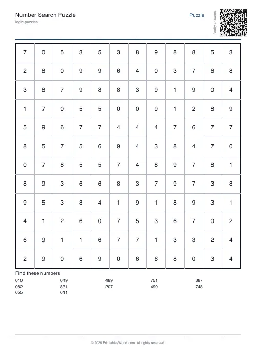 Free printable number search puzzle — 12x12 — PDF download