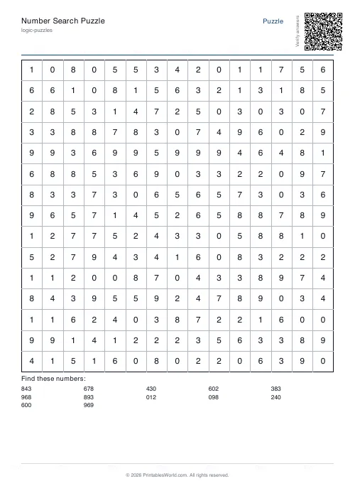 Free printable number search puzzle — 15x15 — PDF download