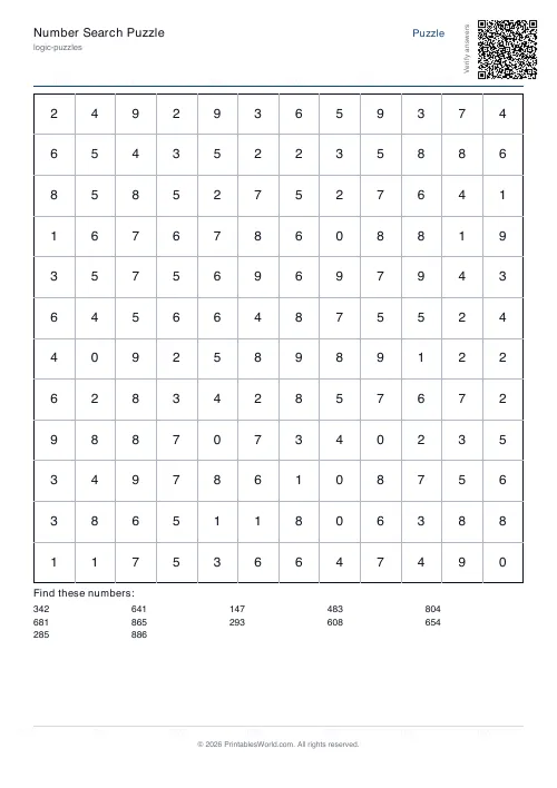 Free printable number search puzzle — 3-digit — PDF download