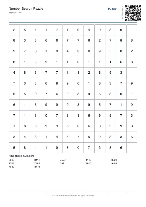 Free printable number search puzzle — 4-digit — PDF download