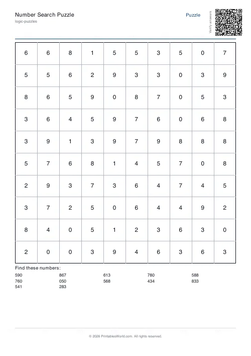 Free printable number search puzzle — 10x10, with answer key — PDF download