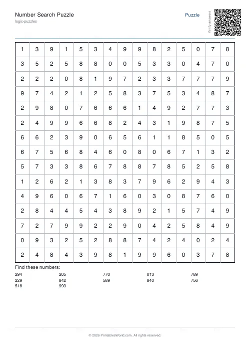 Free printable number search puzzle — 15x15, with answer key — PDF download