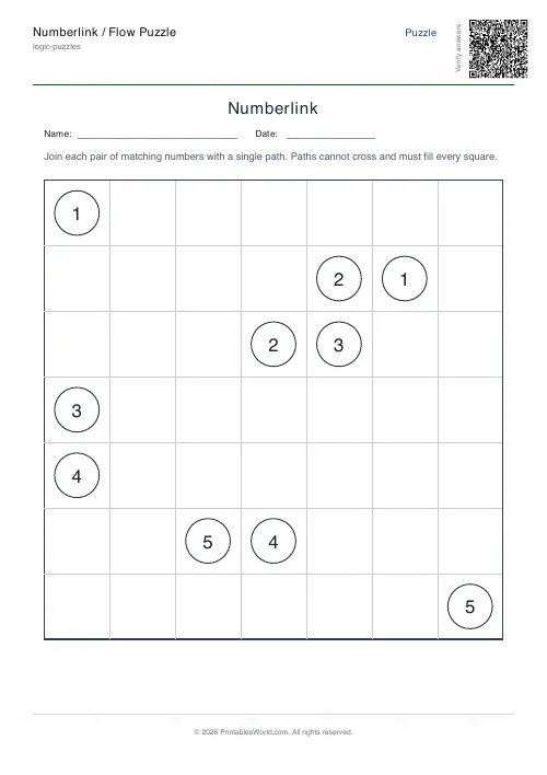 Free printable numberlink flow puzzle — Easy — PDF download
