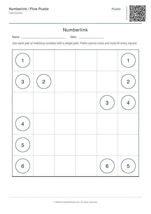 Free printable numberlink flow puzzle — 6x6, with answer key — PDF download