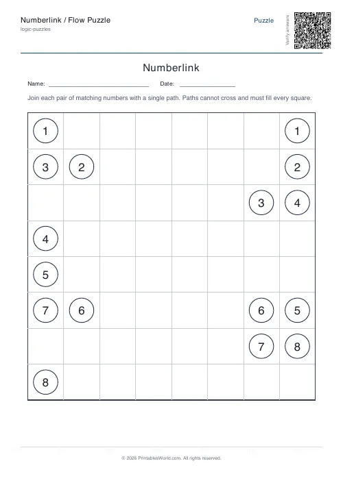 Free printable numberlink flow puzzle — 8x8, with answer key — PDF download
