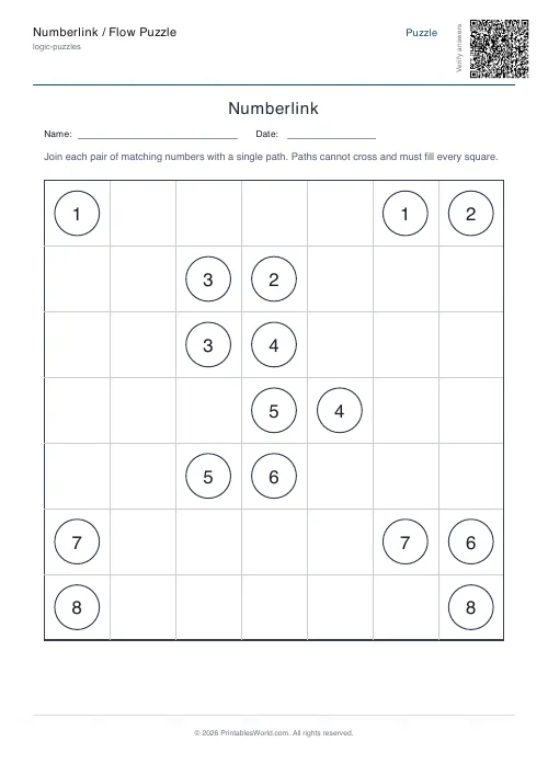 Free printable numberlink flow puzzle — Hard — PDF download